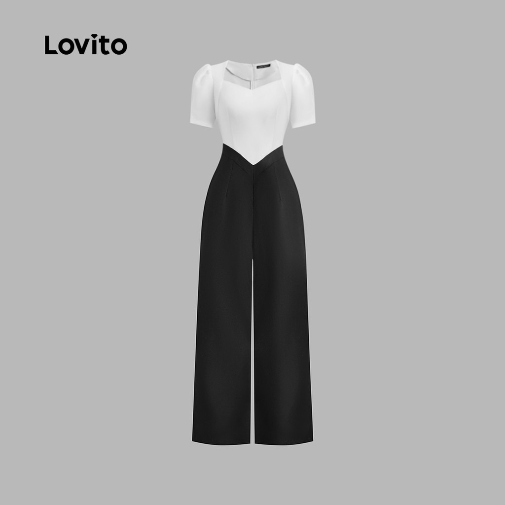 Detalhes do Lovito Macacão Elegante Liso E Com Blocos De Cores Clássico E Versátil Verão/primavera Para Mulheres L129ED050