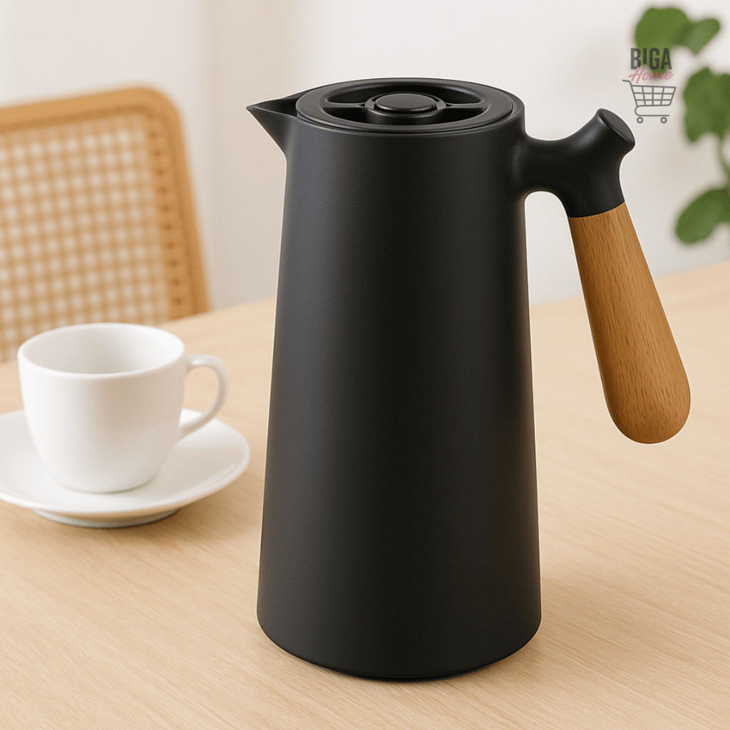 Garrafa Térmica Preta Nórdica 1 Litro Cabo De Madeira Botão Mantém Temperatura Café e Chá