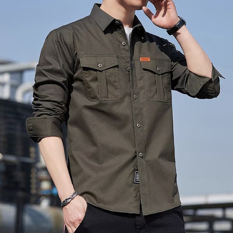 Primavera outono camisa de manga comprida masculina cor sólida Casual ao ar livre macacão topo simples moda solta jaquet