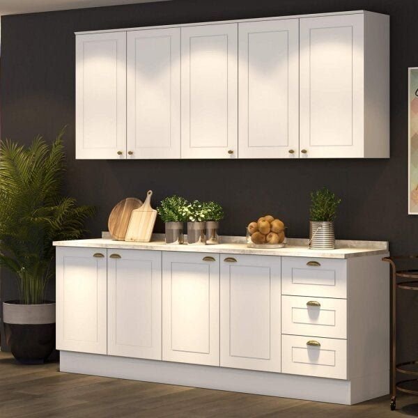 Cozinha Compacta Modulada 4 Peças Emily Espresso Móveis Branco/HP/Calcare Branco HP/Calcare