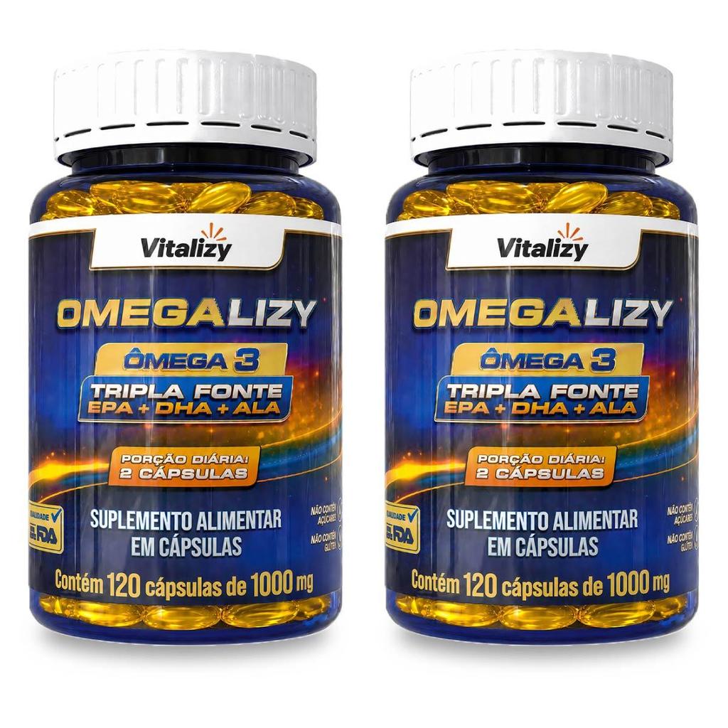 Kit 2x120 Cápsulas Ômega 3 Tripla Fonte 1000mg Vitalizy EPA DHA ALA Alto Teor Premium Original