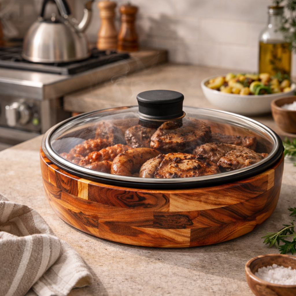 Gamela em Madeira para Churrasco, Porções e Mesa Posta com Tampa de Vidro 29 cm