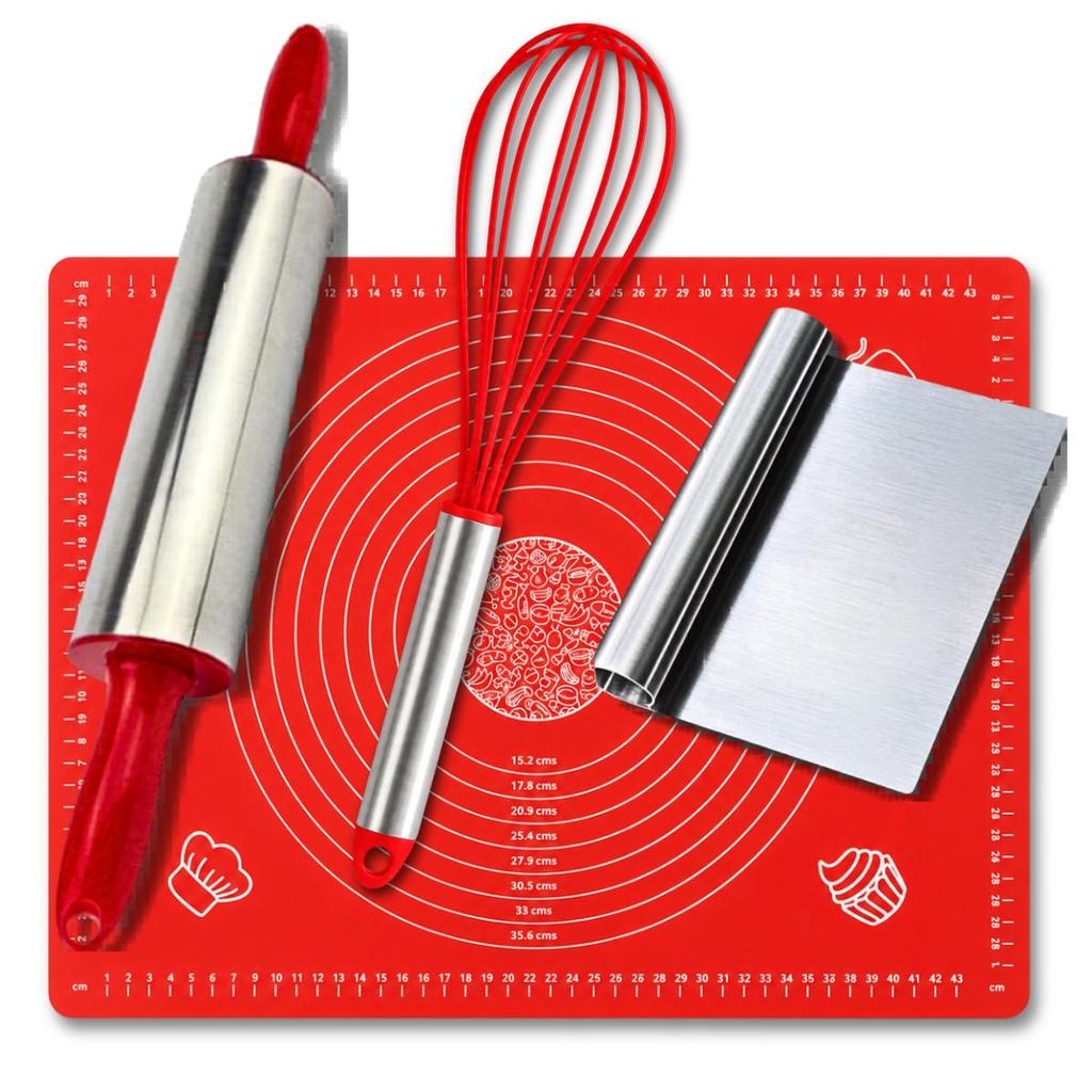 Kit Rolo De Massa + Espátula Tubular + Tapete Silicone 40x50 + Fue de Silicone Vermelho