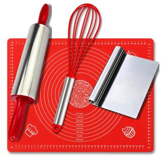 Kit Rolo De Massa + Espátula Tubular + Tapete Silicone 40x50 + Fue de Silicone Vermelho
