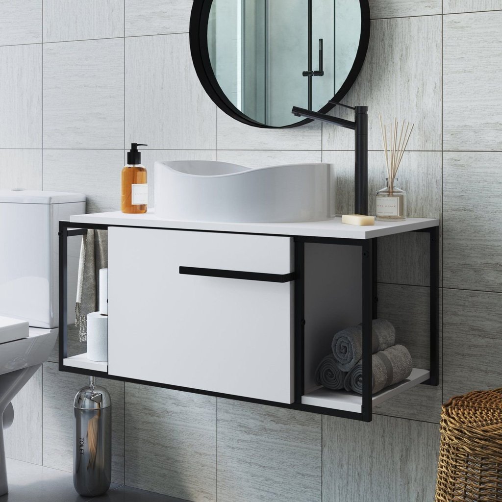 Gabinete Suspenso para Banheiro 80cm Paricel 1 Porta Branco/Preto Preto/Branco