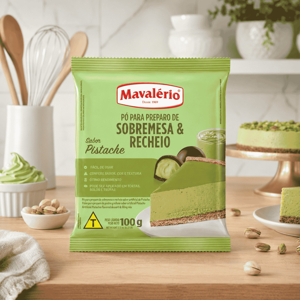 PÓ PARA PREPARO DE SOBREMESA SABOR PISTACHE MAVALÉRIO 100G