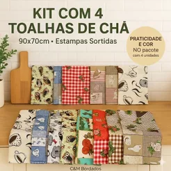 Kit 4 Toalhas de Chá 90x70 Atacado Pano de Copa Cozinha Estampada Promoção Barato