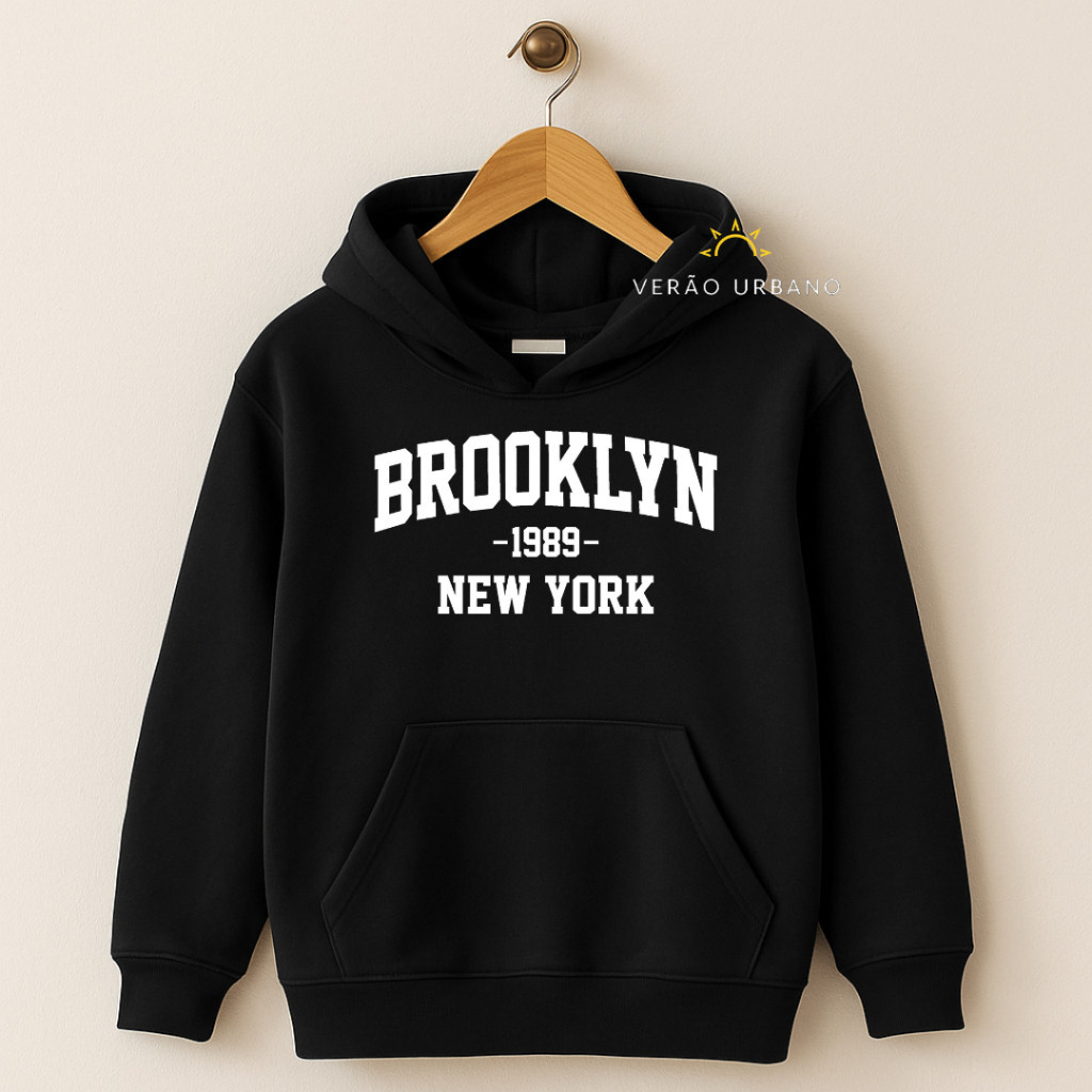 Moletom Infantil Flanelado Estampado "Brooklyn" Blusa de Frio com Capuz e Bolso Canguru
