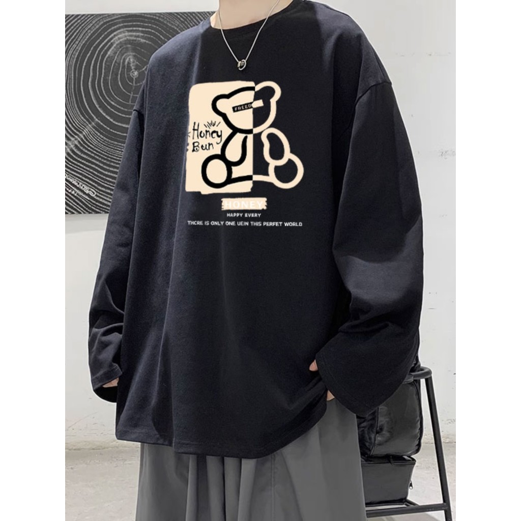 Primavera outono estilo americano vintage preto street Wear manga comprida camiseta masculina puro algodão rufião bonito