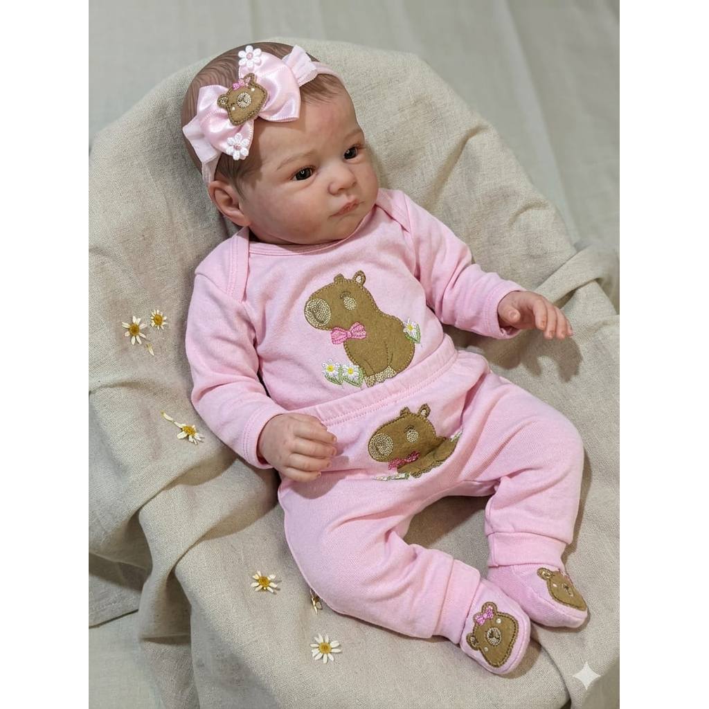 Conjunto 4 Peças Body Bebê e Calça Com Sapatinho e Tiara Menina Tema: Capivara