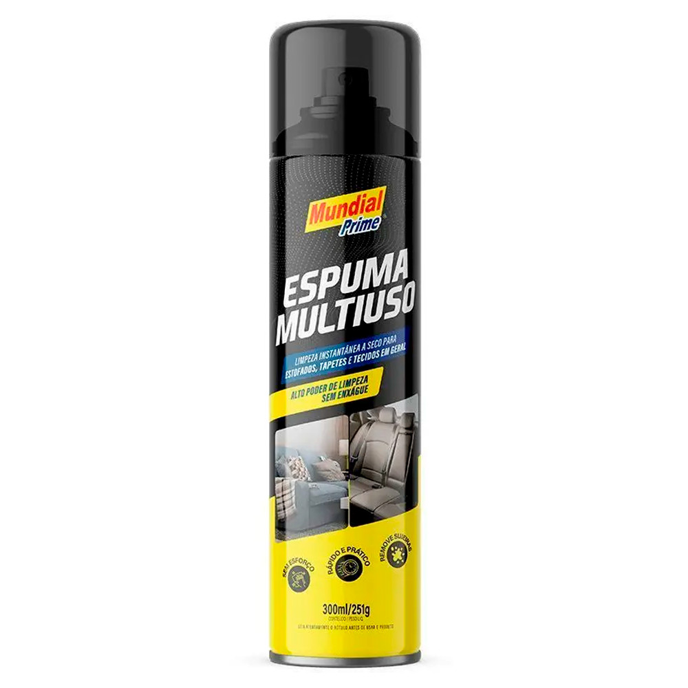Espuma Multiuso Limpa Tudo Mundial Prime 300ml 251g Limpa a Seco Para Sofa Estofado Tapete Tecidos Lavanda