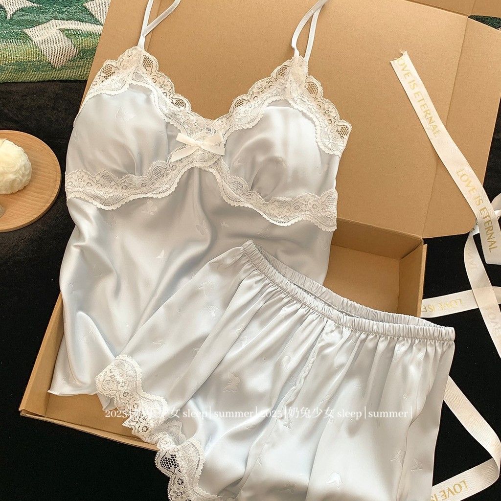 Fedsolife Pijama Feminino Seda Gelo com Suspensório, Renda Confortável Primavera Verão Outono