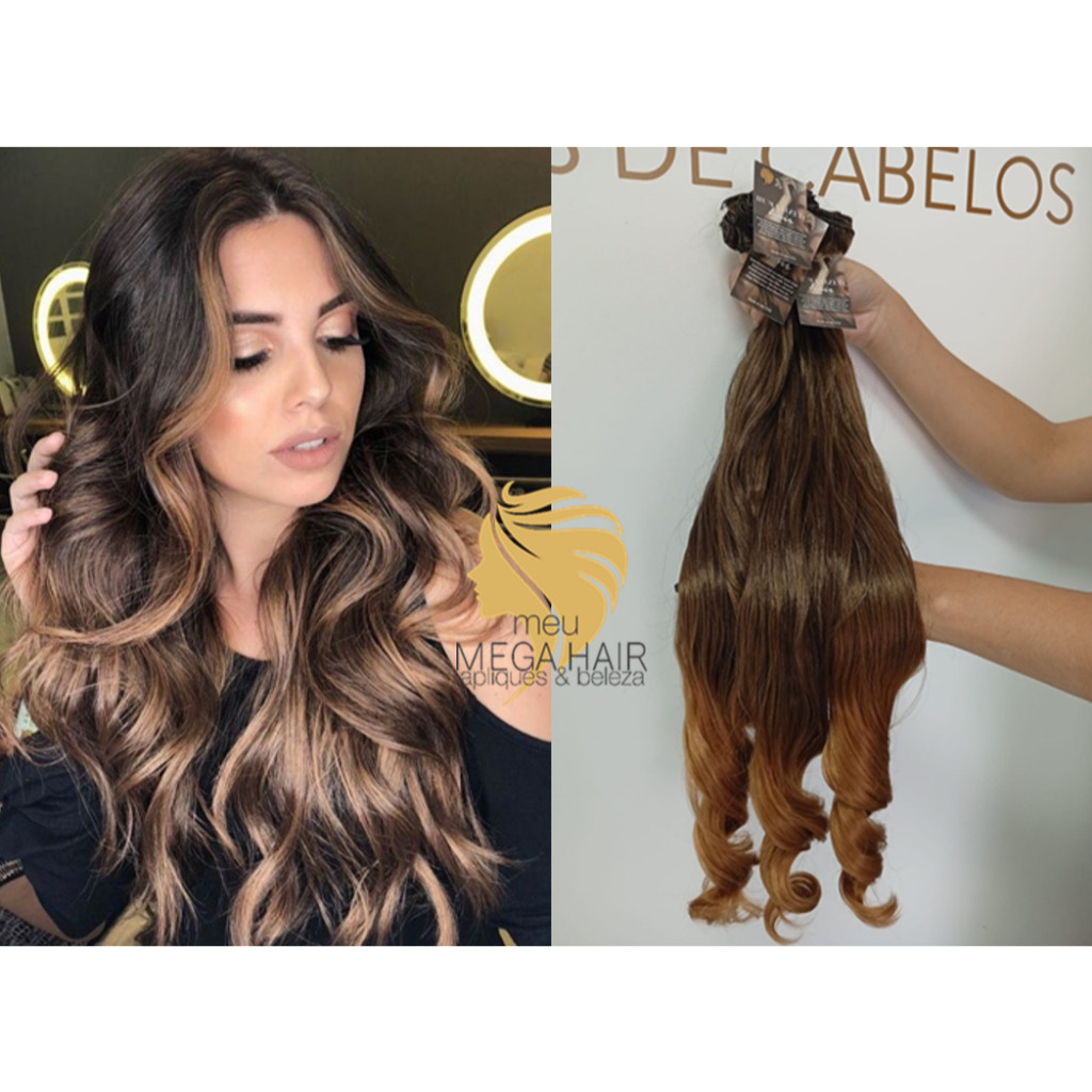 Aplique de Cabelo Fibra Russa Tela Semi Humano Natural 70cm Ondulado Californiana Bella Hair