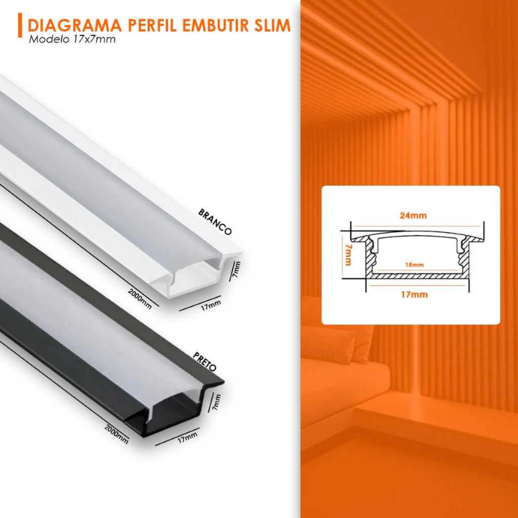 Kit 8 Perfil Fita Led Slim 1 Metro Alumínio Embutir Gesso Cor Da Luz Branco Perfil de LED Decoração Casa