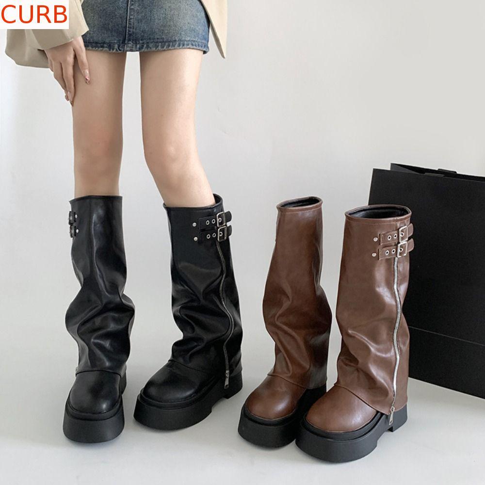 CURB Botas Femininas De Motociclista , Fivela De Cinto , Novo Design , Altas Até O Joelho , Plataforma Gladiadora Longas