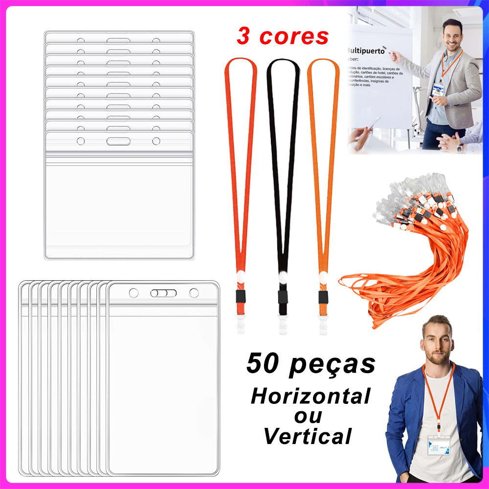 50 peças porta-crachás identidade transparente PVC,para escritório,escola,com cordão de 50(3 cores)Horizontal/Vertical em Oferta na Shopee