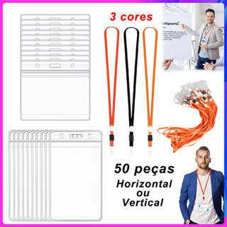 50 peças porta-crachás identidade transparente PVC,para escritório,escola,com cordão de 50(3 cores)Horizontal/Vertical em Oferta na Shopee