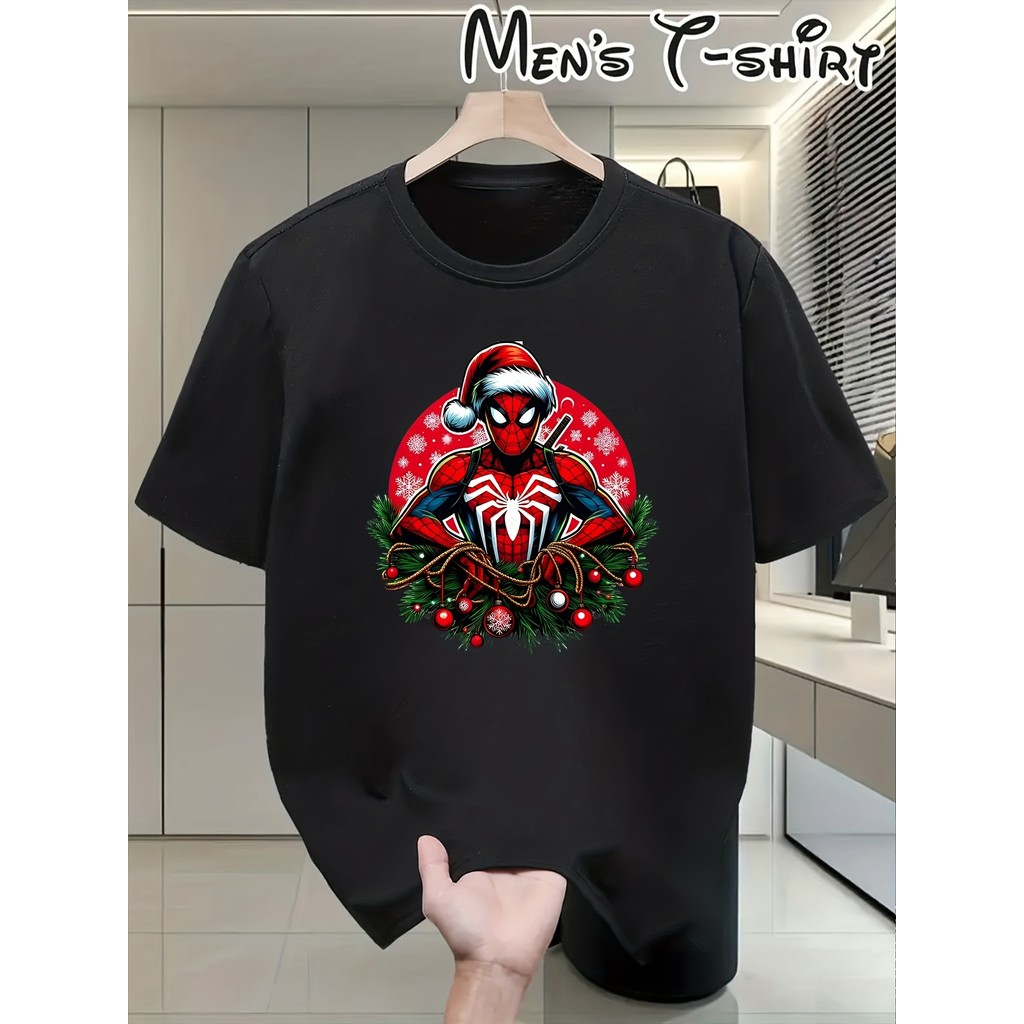 Camiseta Masculina Confortável E Versátil Em Puro Algodão Com Estampa Natalina Do Homem-Aranha