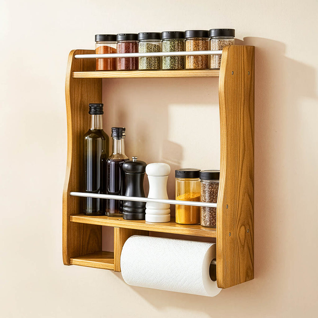 Porta Tempero e Condimentos Papel Toalha Multiuso de Parede Madeira Rustico