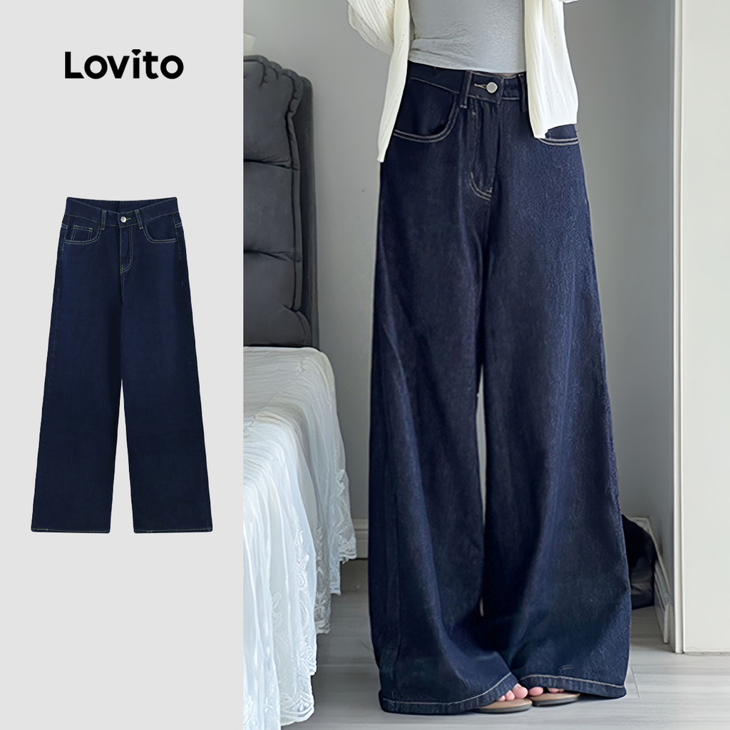 Lovito Jeans Casuais Lavados com Bolso para Mulheres em Azul para Todas As Estações LNE126X008