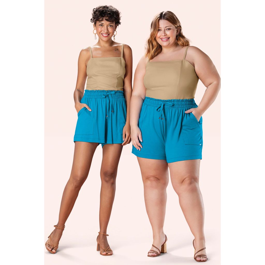 Detalhes do Short Feminino Curto Cós Alto Marialícia Azul