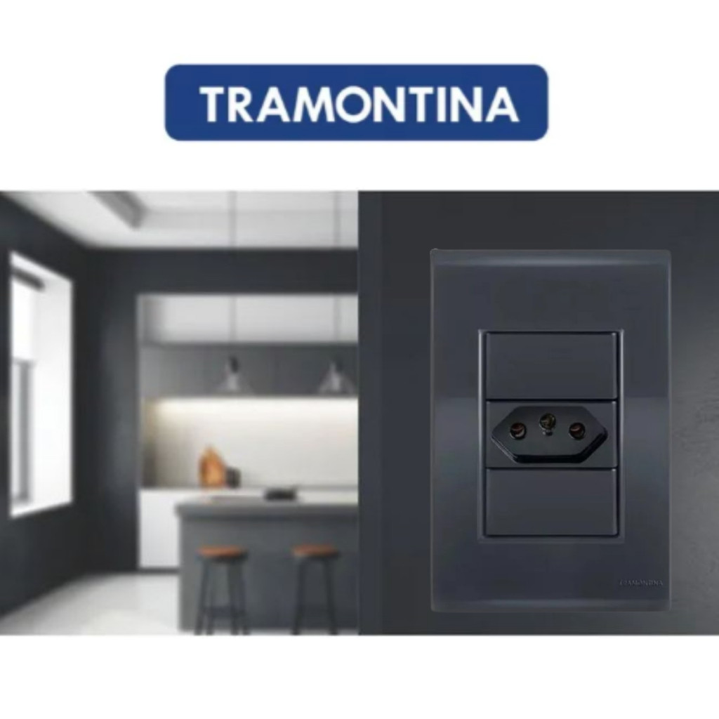 Conjunto de Tomada 20A Pino Grosso Com Placa 4X2 Cor Preta/Grafite Linha Liz Tramontina