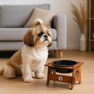 Comedouro Pet MDF Tigela Aluminio 400ml Suporte Elevado Cães e Gatos