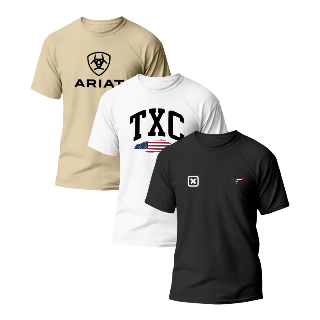 Kit 3 Camisetas Masculina Camisa Ariat Estampada Estilo Rodeio TXC Exclusivos Confortavel 100%Algodão Envio Imediato