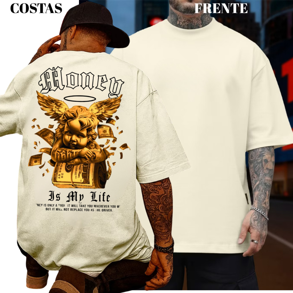 Camiseta Oversized Premium Money Is Life Camisa Estampada Anjo Dolar Streetwear Algodão Lançamento