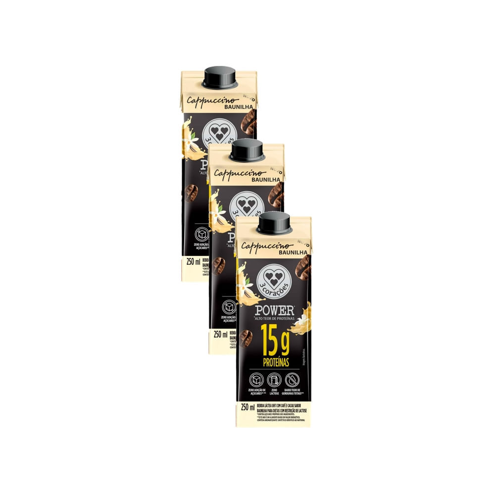 Kit 3 Bebida Lactea 3 Corações Power Cappuccino Baunilha 15G Proteínas 250ml em Oferta na Shopee