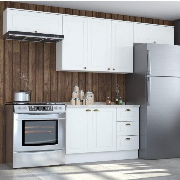 Cozinha Compacta Modulada 4 Peças com Duplo Aéreo Emily Espresso Móveis Branco/HP/Calcare Branco HP/Calcare