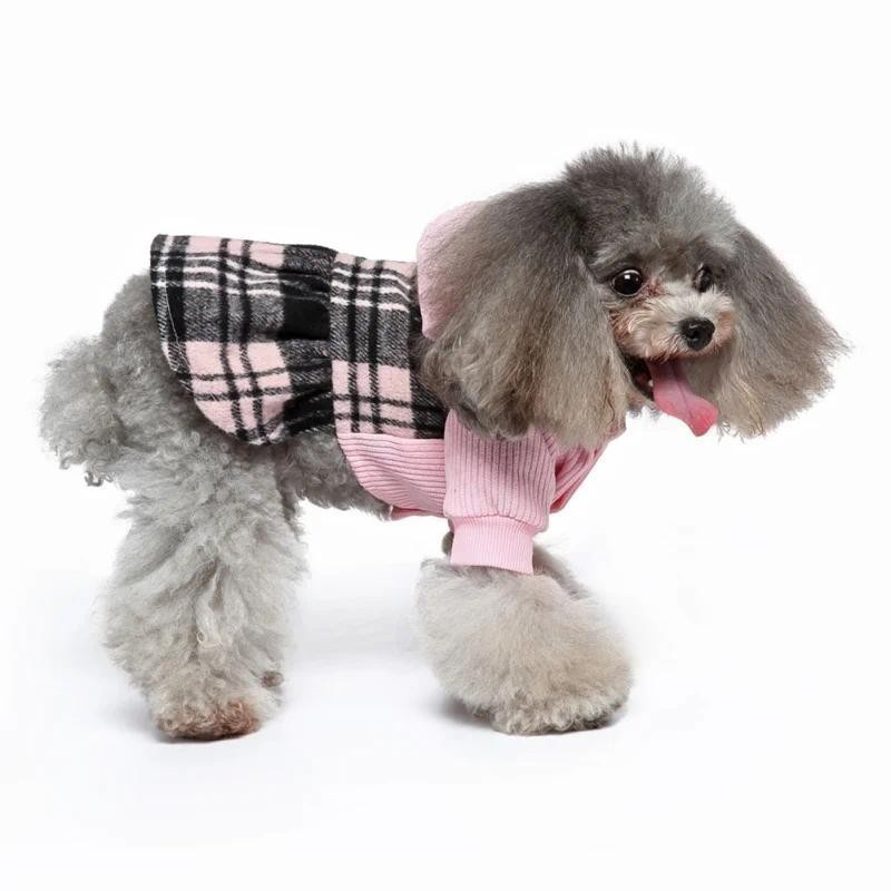 Vestido com Capuz para Cães em Estampa Xadrez, Suéter Quente e Macio para Cães com Saia e Chapéu, Roupa de Outono Invern