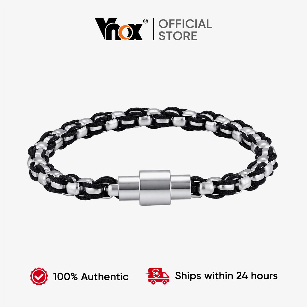 Pulseira Trançada De Nylon Preto Vnox Para Homens , Com Fecho Magnético De Aço I