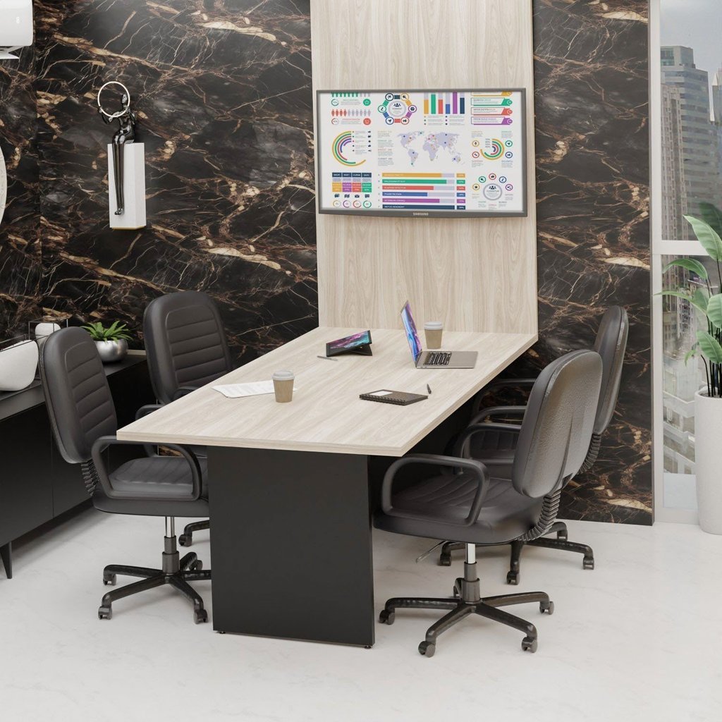 Mesa de Reunião para Escritório com Painel de TV 200x100cm Bege/Carvalho Carvalho