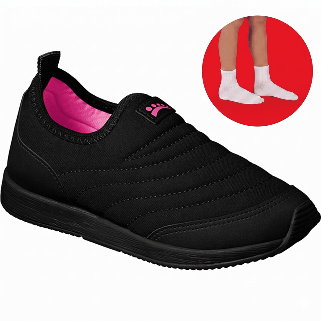 Tênis Infantil Ortopasso Jogging Calce Fácil Menino Menina Feminino Preto Kit com 1 par de meia