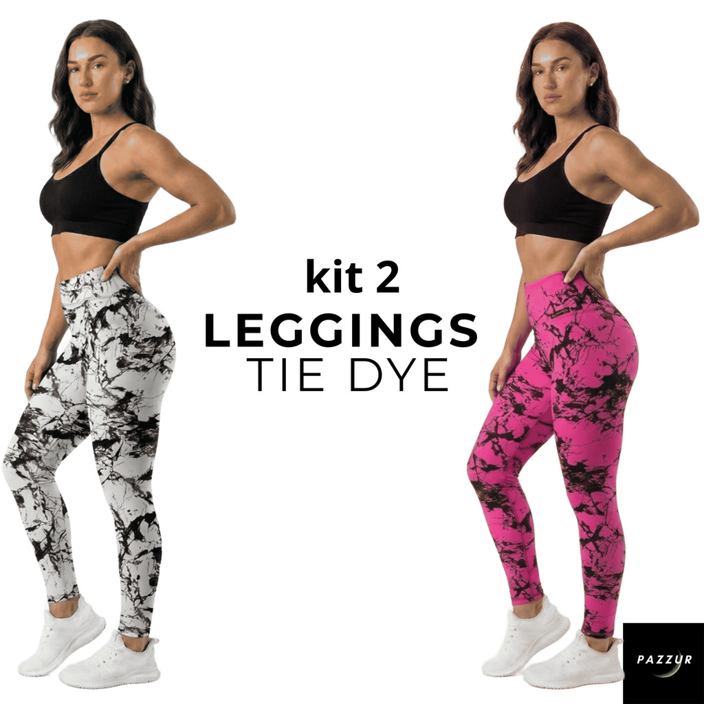 Kit 2 Calças Leggings feminina tie dye academia esportiva fitness zero transparência leg marmorizada