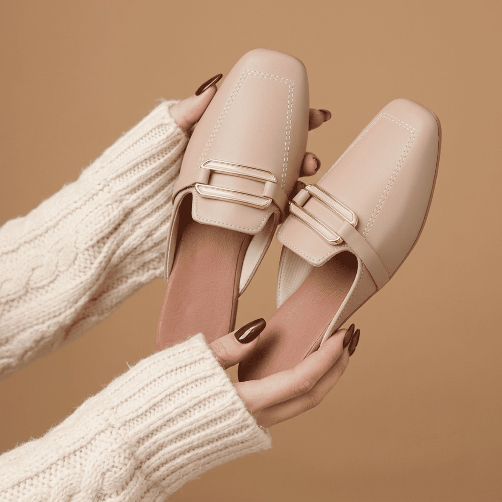 Mule Feminino Sapatilha Bico Quadrado Elegante Confortável Com Detalhe Dourado Exclusivo