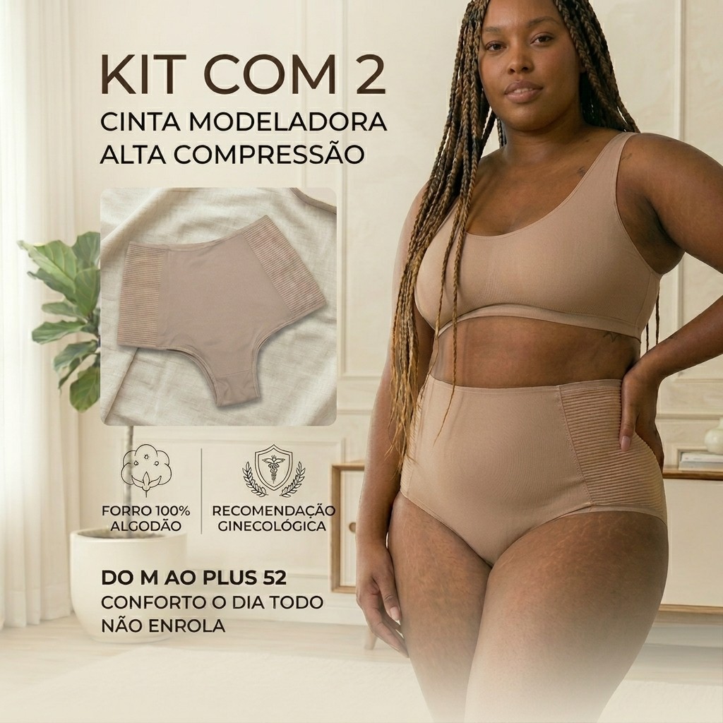 Kit 2 Cinta Modeladora Plus Size | Alta Compressão Calcinha Cós Alto Seca Barriga Reforçada