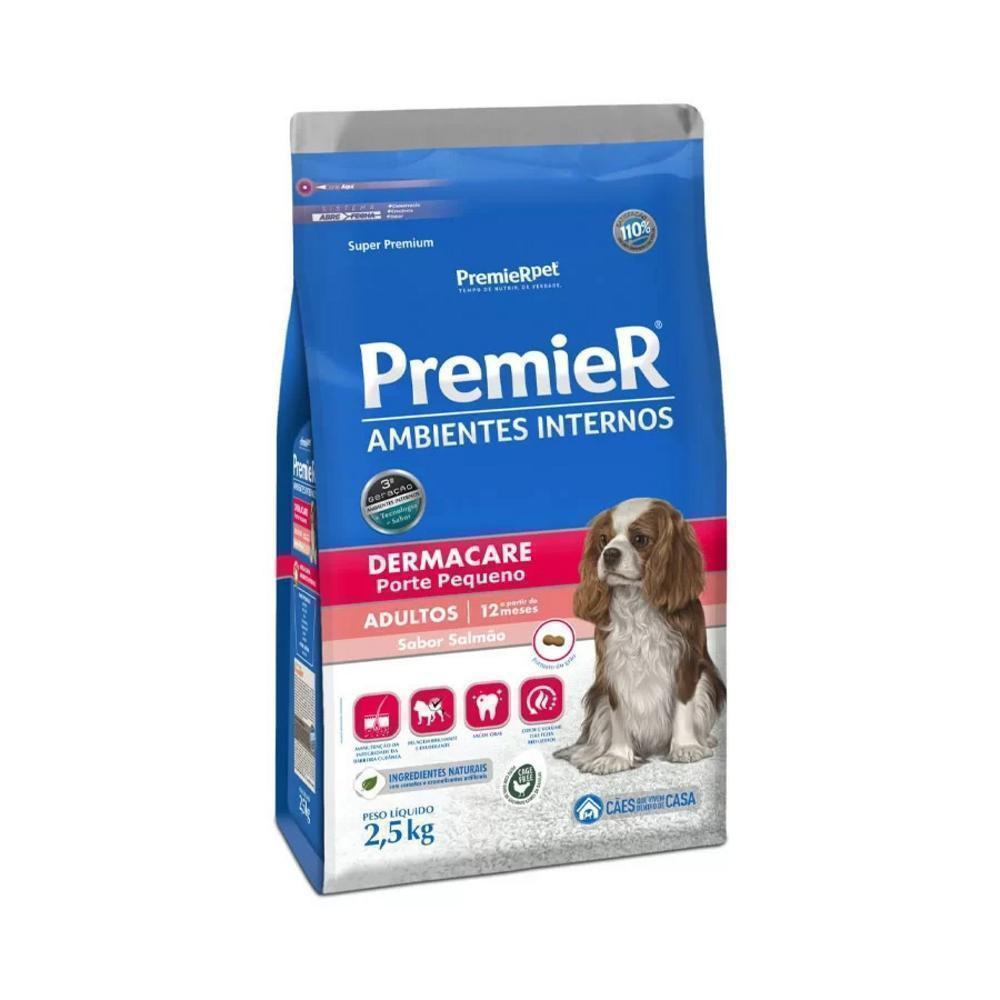Ração Seca para Cães Adultos de Porte Pequeno Ambientes Internos Dermacare Sabor Salmão Premier Pet 2,5Kg