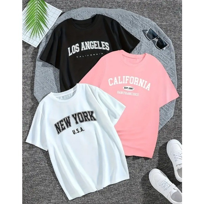 Kit 3 Camisas T-Shirt Feminina Estampadas Los Angeles California Camiseta Unissex Gola Redonda