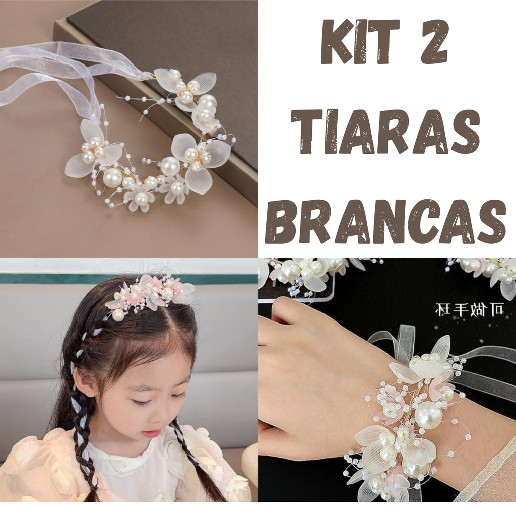 Kit 2 Tiaras Brancas Infantil Luxo com Pérolas e Flores – Acessório para Princesa, Festa e Casamento