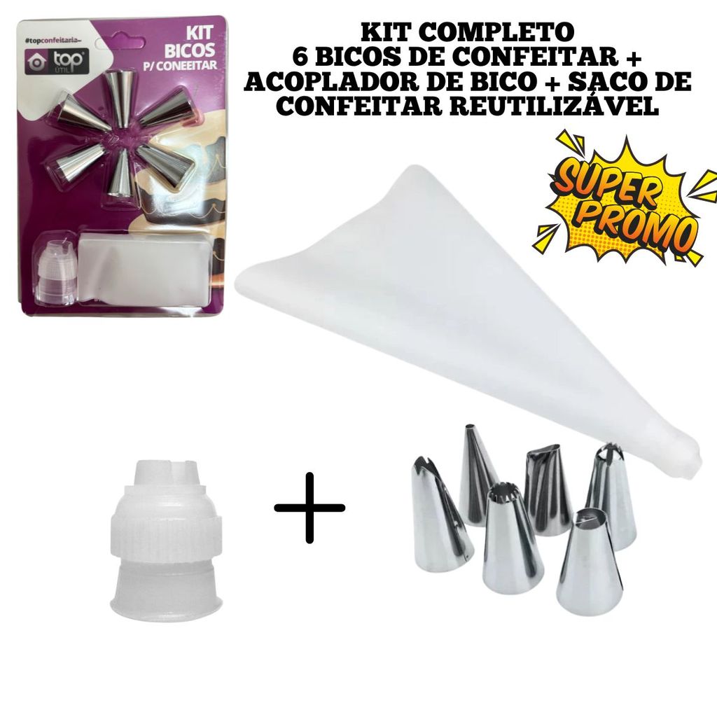 Jogo Confeiteiro com 6 Bicos de Inox e 1 Saco de Confeitar Reutilizável 26cm Para Bolos Doce Premium em Oferta na Shopee