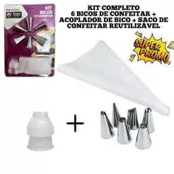 Jogo Confeiteiro com 6 Bicos de Inox e 1 Saco de Confeitar Reutilizável 26cm Para Bolos Doce Premium