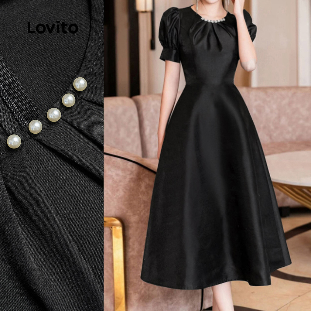 Lovito Vestido Elegante De Festa Com Pérolas E Babados Na Barra Preto Para Mulheres Ideal Para Primavera/verão L165ED675 em Oferta na Shopee