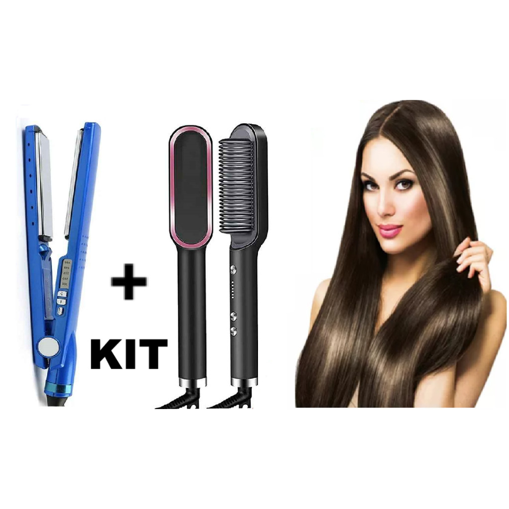 Escova Chapinha Profissional Nano Titanium 450° com Kit Alisadora Bivolt 5 em 1 Alisa Hidrata Modela Alinha e Anti‑Frizz