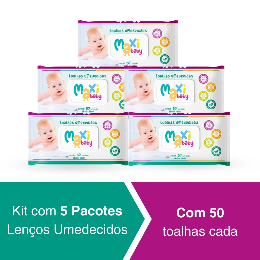 Kit 5 Toalhas Umedecidas Hipoalergênico 50un Cada Maxi Baby em Oferta na Shopee