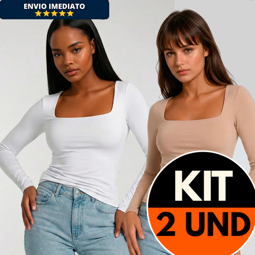 Kit 2 Blusa Manga Longa Decote Quadrado Suplex Premium Estilo Gringa Blogueira em Oferta na Shopee