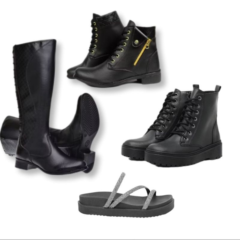 Super Kit Black Bota Cano Alta Montaria com Cadarço + Bota Cano Baixo Zíper + Coturno Preto sem bag + Papete Preta