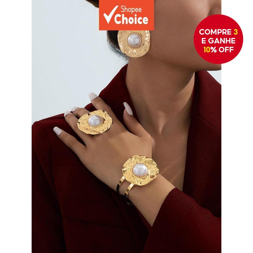 Brinco Exagerado Vintage Rugas Pérola Pulseira Anel Conjunto Presente Exclusivo Para Mulheres