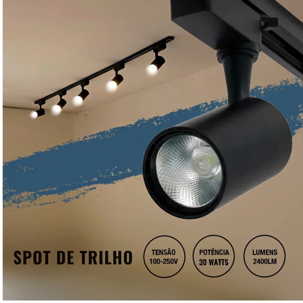 Spot de Trilho LED 30W Preto Direcionável – Iluminação Profissional - Branco Quente